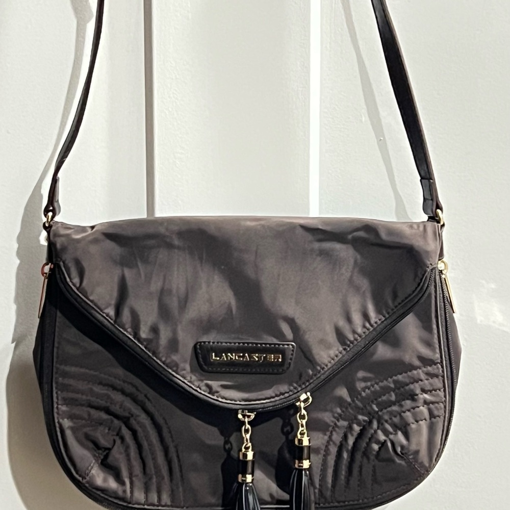 Lancaster Womens Single Strap Logo Flap Nylon Crossbody Handbag Black